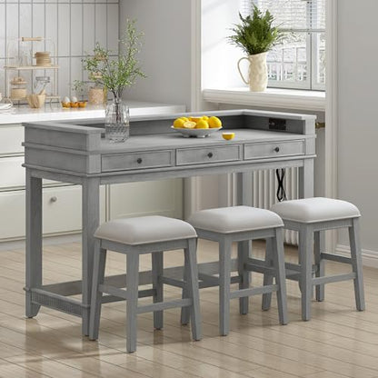 4-piece Dining Bar Table Set with 3 Upholstered Stools, Rubber Wood Counter Height Multifunctional Dining Table with 3 Drawers and USB Port, Side Table with Footrest Pub Kitchen Set (Grey-N2) - color: Grey-n2