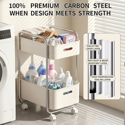 PureBox 2-Tier Metal Rolling Utility Cart with Slide-Out Drawer,Sturdy Solid Board Utility Cart for Under Desk,with Lockable Wheels Mobile Storage Organizer for Office,Living Room,Kitchen,Cream White