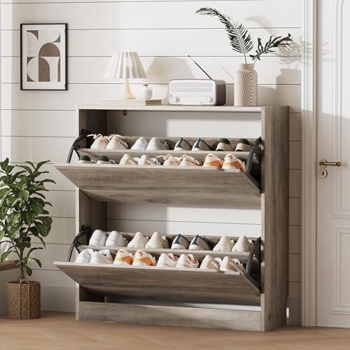 Xixini Shoe Storage Cabinet for Entryway with 2 Flip Drawers, Sturdy Wood Hidden Shoe Storage, Freestanding Narrow Slim Shoe Organizer for Front Door Entrance, Living Room, Hallway, Bedroom, Grey - color: Grey, size: 2 Drawers without Rack