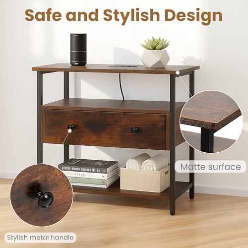 Edbuosy 27 Inch Wide Night Stand with Charging Station, Wood Nightstand with Open Shelf, Large Drawer Bedside Table for Living Room/Bedroom/Office, Retro Brown - color: Retro Brown, size: 27"W-1 Drawer