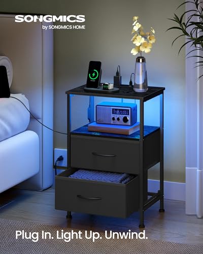 SONGMICS BELLAH Collection - Nightstand with Charging Station and App-Controlled Adjustable LED Lights, Bed Side Table, 2 Drawers and 1 Open Shelf, Modern, Ink Black and Ebony Black ULGS302BH01S - color: Ink Black + Ebony Black, size: 2 Drawers