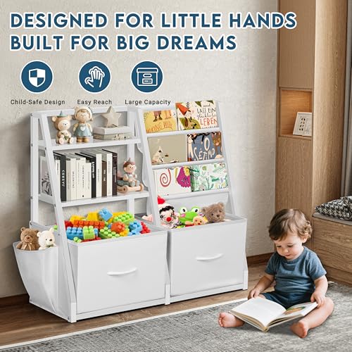 LOFTEY Kids Bookshelf and Toy Storage, Toy Box with Bookshelf, White | 29.5" Child-Friendly Height, 2 Large Fabric Drawers, 4 Sling Book Pockets, Anti-Tip Straps, for Nursery, Bedroom and Playroom
