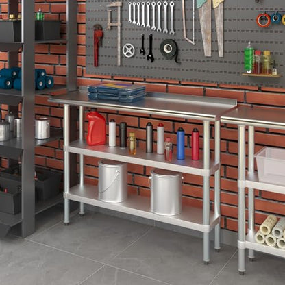 AmGood Stainless Steel Work Table with 1.5" Backsplash and 2 Shelves | Metal Kitchen Food Prep Table | NSF (48" Long x 14" Deep) - size: 48" Long x 14" Deep