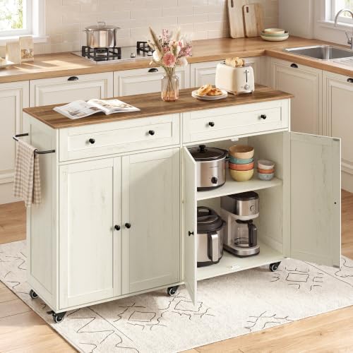 VASAGLE Mobile Kitchen Island, Portable Island on Wheels, Mobile Cart with Storage Cabinet for Dinning Room, 15.8 x 53.7 x 35.1 Inches, Rustic White and Honey Brown UKKI016WJ01S - color: Rustic White + Honey Brown, size: 15.8"D x 53.7"W x 35.1"H