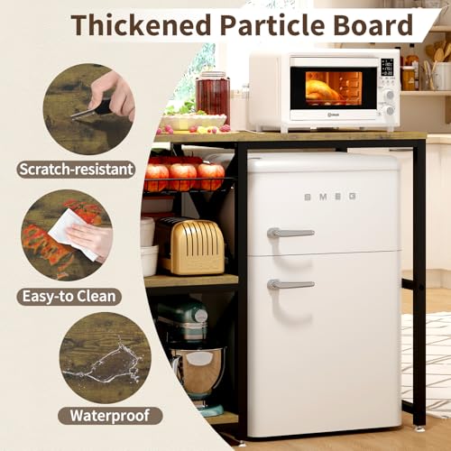 METYERRY Kitchen Bakers Rack with Power Outlet,Mini Fridge Cabinet with Mesh Basket, Mini Fridge and Microwave Table with Storage for Office,Kitchen,Living Room,Coffee Bar,Patio,Brown - color: Brown