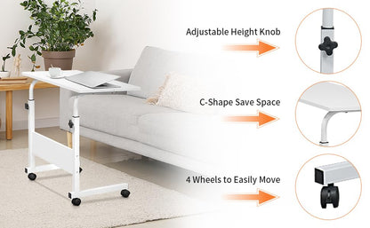 Karl home Mobile Side Table 31.5 inch Computer Desk with Wheels Height Adjustable Rolling Potable Laptop Cart, C-Shaped Bed Couch Sofa End Tables with Edge Stopper for Livingroom Bedroom, White - color: White, size: 31.5"+No Power Sockets