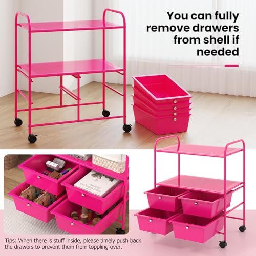 RELAX4LIFE Rolling Storage Cart with 4 Drawers - Utility Cart on Wheels w/2 Shelves & Metal Frame, Paper Scrapbook File Organizer for Home Office School Classroom, Movable Art Craft Cart (Pink) - color: Pink