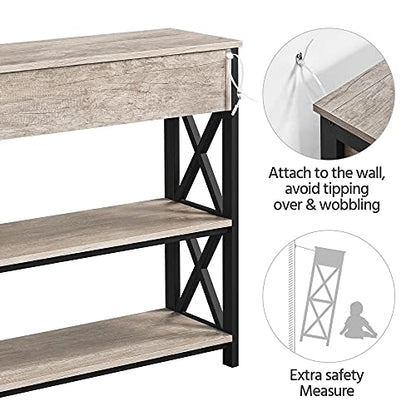 Topeakmart 40 Inch Console Table with 2 Outlets and 2 USB Ports, Extra Long Entryway Table with Drawer and X-Shaped Design, Narrow Sofa Table for Living Room and Hallway Gray - color: Grey, style: with Power Outlet