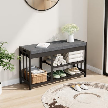 Shoe Rack Bench with Cushion,2 Tiers Shoe Bench with Flip-Top Storage,Wood Shoe Rack for Entryway, Hallway, Bedroom, Front Door Entrance (Black) - color: Black