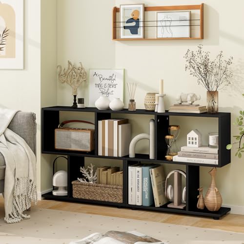 2 Tier Geometric Bookcase, 24" Tall S-Shaped Bookshelf with Staggered Open Cubes, Wooden Display Shelf Storage Organizer, Small Bookshelf for Small Spaces, Living Room (2, Black) - color: Black