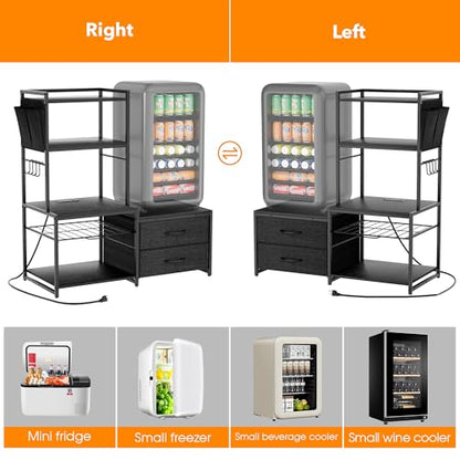 POZILAN 47" Adjustable Mini Fridge Stand with Storage, 5-Tier Mini Fridge Shelf with Power Outlet, Sturdy Coffee Bar Station with Pod Storage, Microwave Stand for Dorm, Office, Kitchen, Black