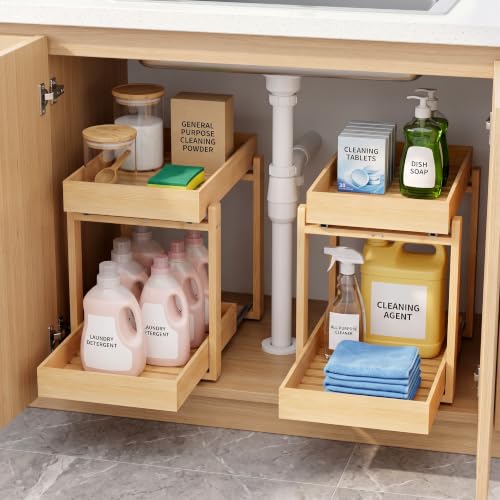 MHXW SXPN Bamboo Under Sink Organizer, 2 Pack Pull Out Cabinet Organizer | 2 Tier Vertical Smooth Slide Out Undersink Storage Shelf | Multi-Purpose Organizer Shelves for Kitchen Bathroom Medicine - color: Natural, size: 2-Pack-B