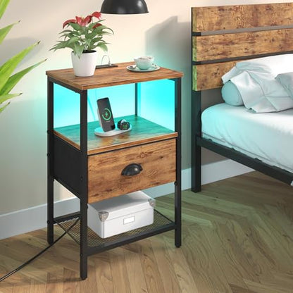 sthmec Nightstands Set of 2, LED Night Stands with Charging Station and Fabric Drawer, Bedside Tables with Drawers, 2- Tier LED Side Table End Table Charging Station Bedroom,Rustic Brown - color: Rustic Brown, style: Power & LED