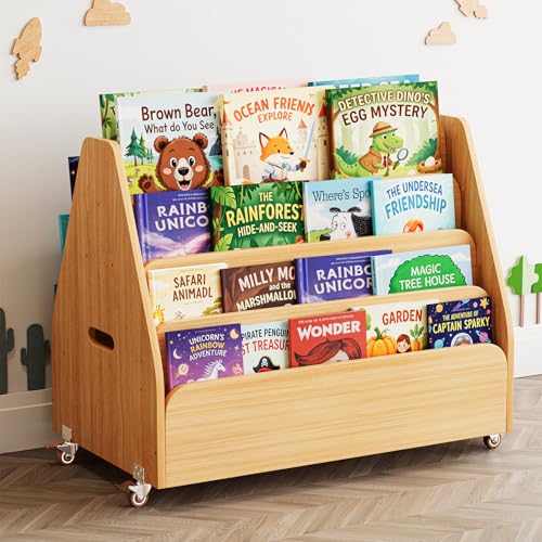 SpaceAid Double-Sided Mobile Bookshelf, Montessori Bookcase for Toddlers, Wooden Book Storage Organizer Shelf Furniture for Kids Rooms, Playroom, Nursery and Classroom, 29.5“ Wide 4-Tier, Natural - color: Natural