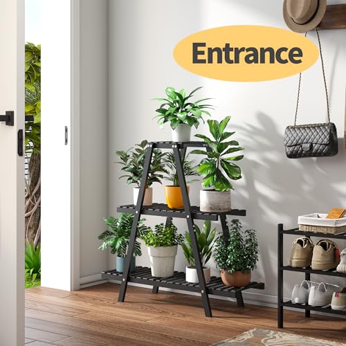 Bamboo Plant Stand Indoor/Outdoor, 3-Tier, Black, Rectangular, 8 Potted Flower Holder Ladder Plant Rack - color: Black