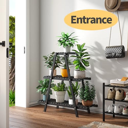 Bamboo Plant Stand Indoor/Outdoor, 3-Tier, Black, Rectangular, 8 Potted Flower Holder Ladder Plant Rack - color: Black