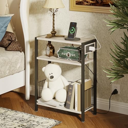 TRIFEBLE Narrow Side Table with Charging Station, Small End Table for Small Spaces, Slim Nightstand with Storage Basket, 3 Tier Skinny Bedside Table for Living Room, Bedroom, Greige - color: Greige, style: With Basket & Power