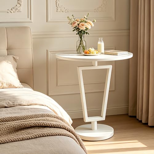 Lightdot White Round Side Table Modern End Table for Small Space Heavy Duty Metal Base Accent Table Nightstand for Living Room Bedroom Coffee-Easy Assemble - color: White-t