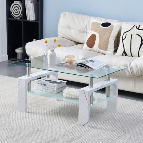 Btrpily Living Room Rectangle Coffee Table, Tea Table Suitable for Waiting Room, Modern Side Coffee Table with Wooden Leg, Glass Tabletop with Lower Shelf, Marble - color: Marble