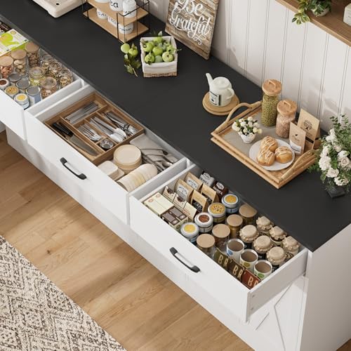HOSTACK 71" W Kitchen Sideboard Buffet Cabinet with Storage, White/Black | Farmhouse Coffee Bar Cabinet with Wide Drawers, Large Buffet Table with Shelves, Long Kitchen Storage Cabinet for Dining Room - color: White/Black