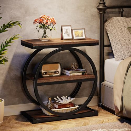 Tribesigns End Table, Narrow End Table with 3 Storage Shelves, Wood Side Table with Black Metal Frames, Industrial Small Sofa Side Table for Living Room, Slim Nightstand and Bedside Table for Bedroom - color: Brown