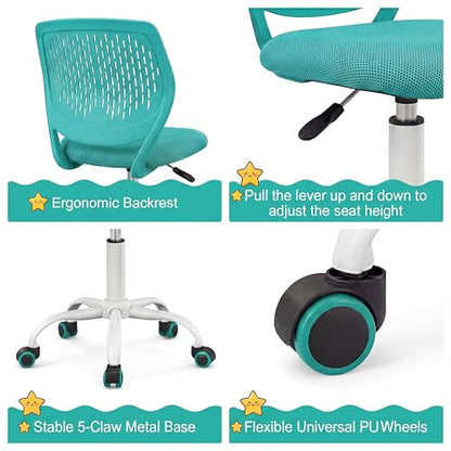 Costzon Kids Desk Chair, Armless Height Adjustable Kids Computer Chair w/Elastic Sponge Filling, Ergonomic Backrest & Stable 5-Point Wheels, Children Rolling Swivel Chair for Studyroom (Turquoise) - color: Turquoise
