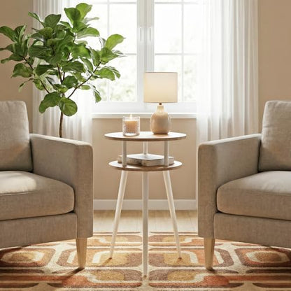 Small End Table for Living Room, 2-Tier Round Side Table with Metal Leg,Compact Sofa Circle Bedside Table Nightstand with Storage, Accent Table for Bedroom, Natural Wood - color: Oak and White