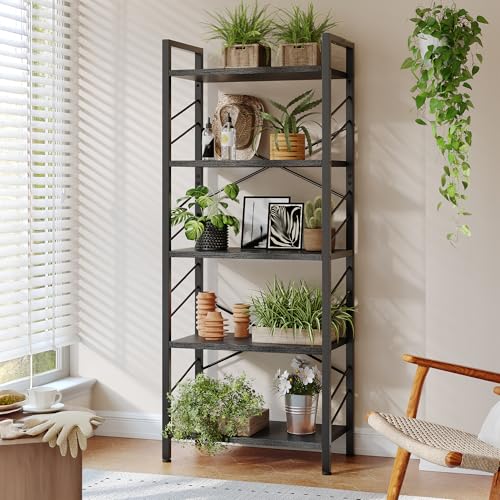 DurayLoly 5-Tier Bookshelf, Black Metal Bookshelf for Home Office, Black | Robust Steel Frame, Stable X-bracing Design, Large Capacity - color: Black, size: 5 Tier - 1 pc