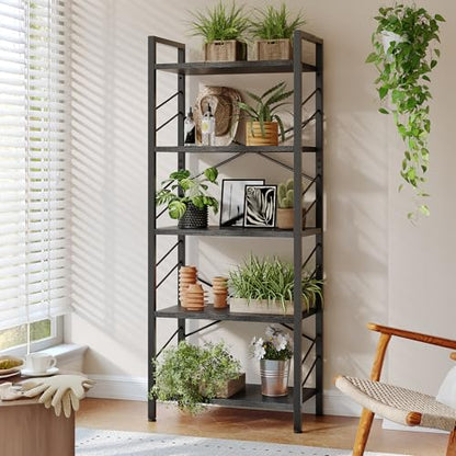 DurayLoly 5-Tier Bookshelf, Black Metal Bookshelf for Home Office, Black | Robust Steel Frame, Stable X-bracing Design, Large Capacity - color: Black, size: 5 Tier - 1 pc
