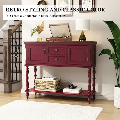 ARTPOWER Console Table with 2 Drawers, Retro Entryway Table with 2 Door | Solid Wood Veneer Entry Table, Behind Couch Sofa Table with Open Storage Shelf for Living Room, Foyer, Hallway - color: Red