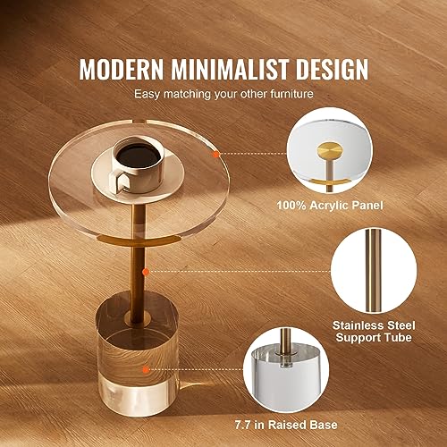 VEVOR Clear Acrylic Side Table, Modern End Table with Solid Base, φ12 inch Round Tabletop, 21 inch High, 20mm Thick, for Coffee, Drink, Food, Snack Used in Living Room, Bedroom, Office, Easy Assembly - style: Brushed Brass