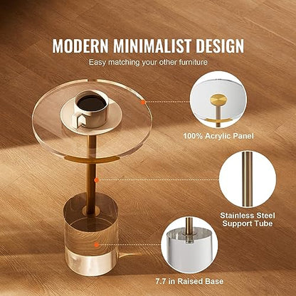 VEVOR Clear Acrylic Side Table, Modern End Table with Solid Base, φ12 inch Round Tabletop, 21 inch High, 20mm Thick, for Coffee, Drink, Food, Snack Used in Living Room, Bedroom, Office, Easy Assembly - style: Brushed Brass