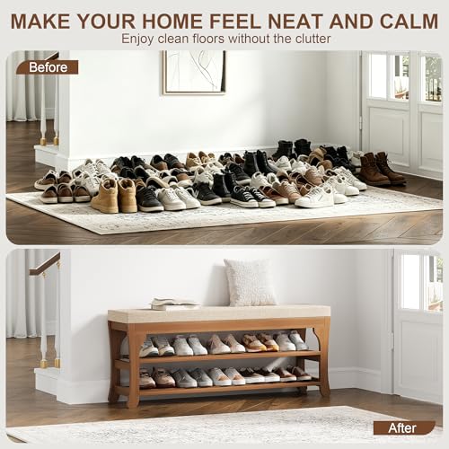 PETKABOO 39.4" Shoe Storage Bench with Cushion, Bamboo Shoe Rack Bench, 2-Tier Entryway Shoe Organizer, Supports up to 380 LB, for Hallway, Bedroom, Closet, Living Room - size: 39.4"