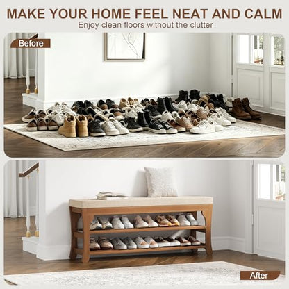 PETKABOO 39.4" Shoe Storage Bench with Cushion, Bamboo Shoe Rack Bench, 2-Tier Entryway Shoe Organizer, Supports up to 380 LB, for Hallway, Bedroom, Closet, Living Room - size: 39.4"