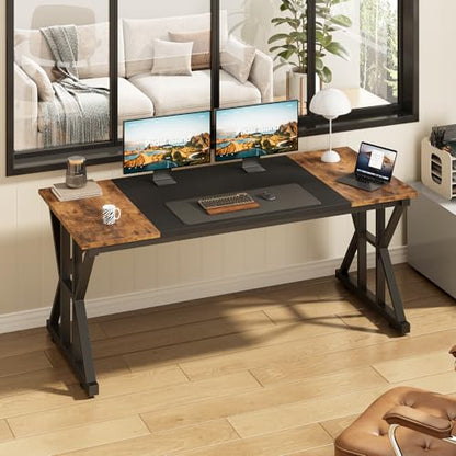 TVU Computer Desk, 55 inch Large Office Desk, Study Writing Table with Thicken Frame, Gaming Desk, Modern Simple Desk for Home Office, Rustic Brown/Black - color: Rustic Brown+black, size: 55inch