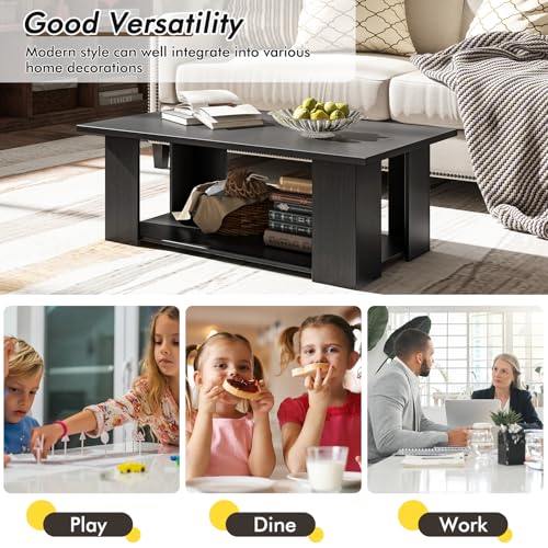 Tangkula 2-Tier Coffee Table, Modern Rectangular Center Cocktail Table with 5 Support Legs, Wooden Accent Living Room Furniture, Small Coffee Table for Small Spaces, Easy Assembly (Black) - color: Black