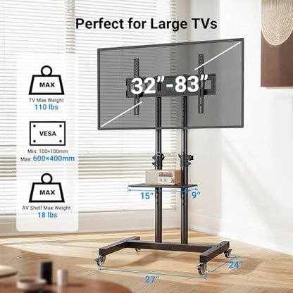 PERLESMITH Rolling TV Stand on Wheels for 32-83 Inch Screens up to 110lbs, Mobile TV Cart Height Adjustable Portable Outdoor TV Stand Tilt Rolling TV Cart with Shelf Max VESA 600x400mm PSTVMC03 - size: 32-83 Inch