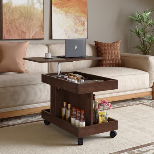 Multifunctional End Table with Wheels and 360° Rotating Desktop | Rolling Design, Storage Compartment, Sofa Side Narrow Table, Bedside Use, Living Room & Bedroom - color: Walnut-7.15