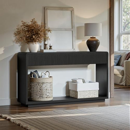Evermagin 59'' Charcoal Black Entryway Table with Drawers, Fluted Console Table, Mid Century Modern Sofa Table with Storage for Living Room, Entrance, Hallway - color: Charcoal Black