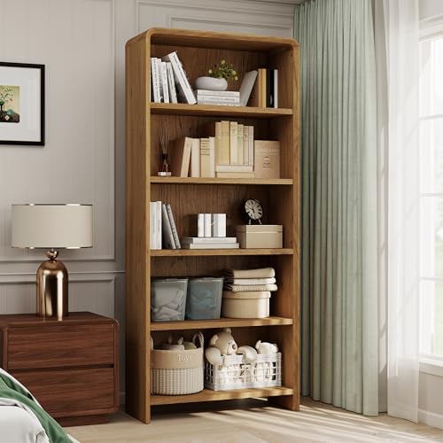 Bevfint 71" Tall Bookcase 5 Shelves Wood Bookshelf with Curved Soft Edges, Heavy Duty Storage Cabinet for Professional Home Office and Living Room, Natural Oak Grain Finish - color: Natural Oak, size: 5-Tier Bookcase