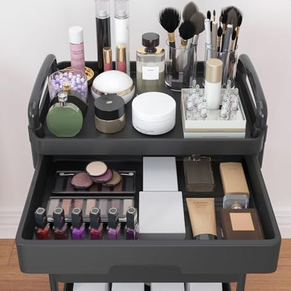 Calmootey 3-Tier Rolling Utility Cart with Drawer,Multifunctional Storage Organizer with Plastic Shelf & Metal Wheels,Storage Cart for Kitchen,Bathroom,Living Room,Office,Black | Space-Saving Organizer, Sturdy Plastic Shelves, Smooth-Rolling Metal Wheels,