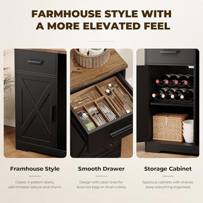Large Coffee Bar Cabinet with Fridge (Fridge Included), 47'' Farmhouse Bar Cabinet with Wine Storage, Buffet Sideboard Table Station with 2 Drawers & Large Countertop for Home, Black
