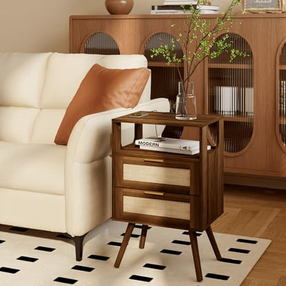 JOONEE Rattan Nightstand with Charging Station,Farmhouse Bedside Table with 2 Storage Drawer and Open Wood Shelf, for Bedroom and Small Spaces,Night Stand with Solid Wood Legs (Walnut Brown-Outlet) - color: Walnut Brown-outlet