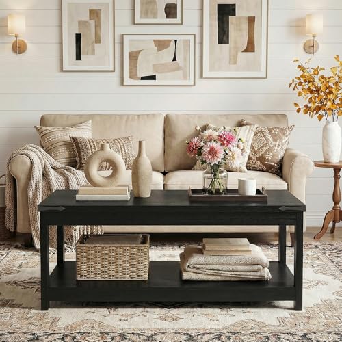Homieasy 43.3” Rectangular Coffee Table with Storage Shelf, Black | Farmhouse Wood Center Table for Living Room, Modern Black Tea Table with Open Shelf - color: Black