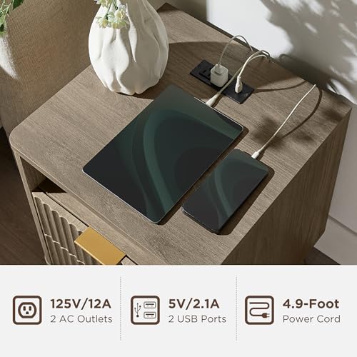 T4TREAM Fluted Nightstand with Charging Station, 18" Modern Side Table with 2 Drawers, End Table w/Storage, Bedside for Bedroom, Living Room, Curved Profile Design, Grey Alder - color: Grey Alder