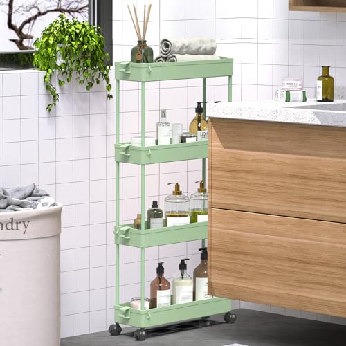 SPACEKEEPER Slim Rolling Storage Cart 4 Tier Bathroom Organizer Utility Cart Mobile Shelving Unit Tower Rack for Kitchen, Laundry Room, Bathroom, Narrow Places, Green - color: Green