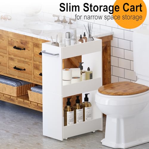 MARTY Slim Rolling Storage Cart 7.9" W Laundry Cart with Wheels,Wood, White | Narrow Utility Cart Between Washer and Dryer, 3 Tier Mobile Shelving Unit for Kitchen, Laundry, Bathroom, Office, Living Room - color: White