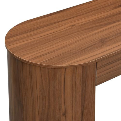 Modern MDF Office Desk with 2 Drawers & Open Shelves, Half-Cylinder Base Computer Table, Sleek Long-Lasting Workstation for Home Office, Study, or Bedroom, Stylish Storage Writing Desk, Dark Walnut