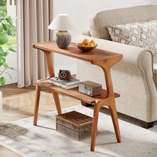 Tribesigns 2-Tier Solid Wood Side Table, Mid-Century Modern End Table with Storage Shelves, Tall Slim Side Table for Couch with Unique Legs, Long Bedside Table for Bedroom, Living Room, Cherry - color: Cherry