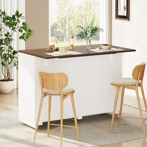 IDEALHOUSE 53.1" Rattan Kitchen Island with Storage, Rolling Dining Cart with Trash Storage Cabinet, Mobile Island Cart with Drop Leaf, Adjustable Shelves, Drawer, 5 Wheels (White) - color: White